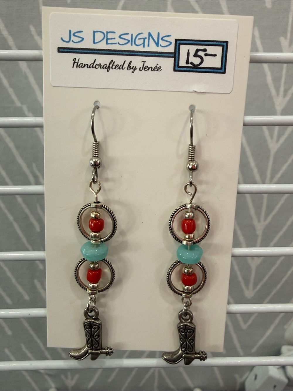 JS Designs Silver-Tone Red and Turquoise Bead Cowboy Boot Dangle Earrings